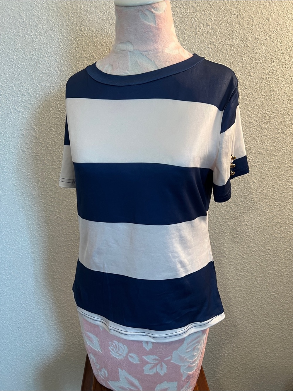 SHEIN Navy and White Wide Stripe Short Sleeve Tee